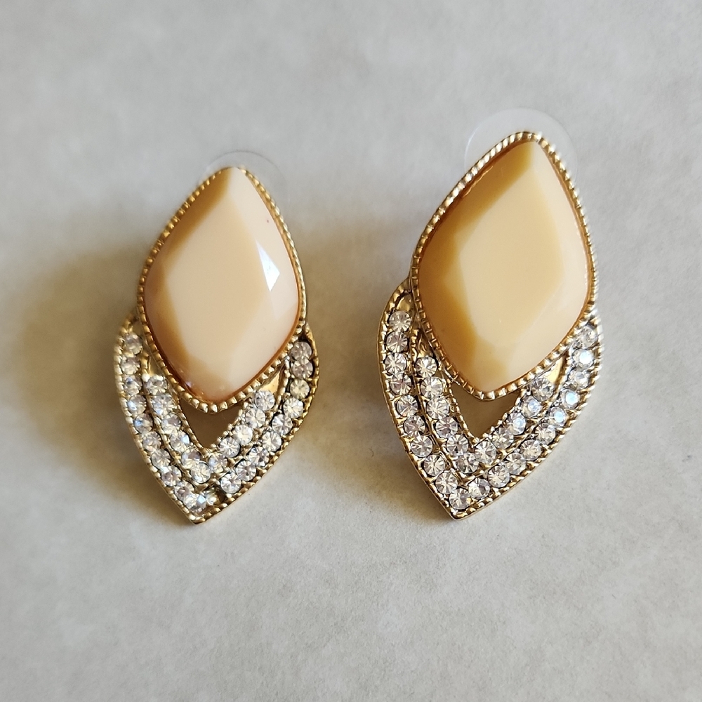Gold and Cream Earrings with rhinestone accents 1.5"H x 3/4"W occasion